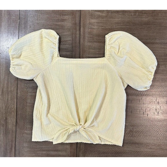 LOFT Women’s Square Neck Tie Front Soft Yellow Blouse Puff Sleeve Top Size M - Picture 14 of 14
